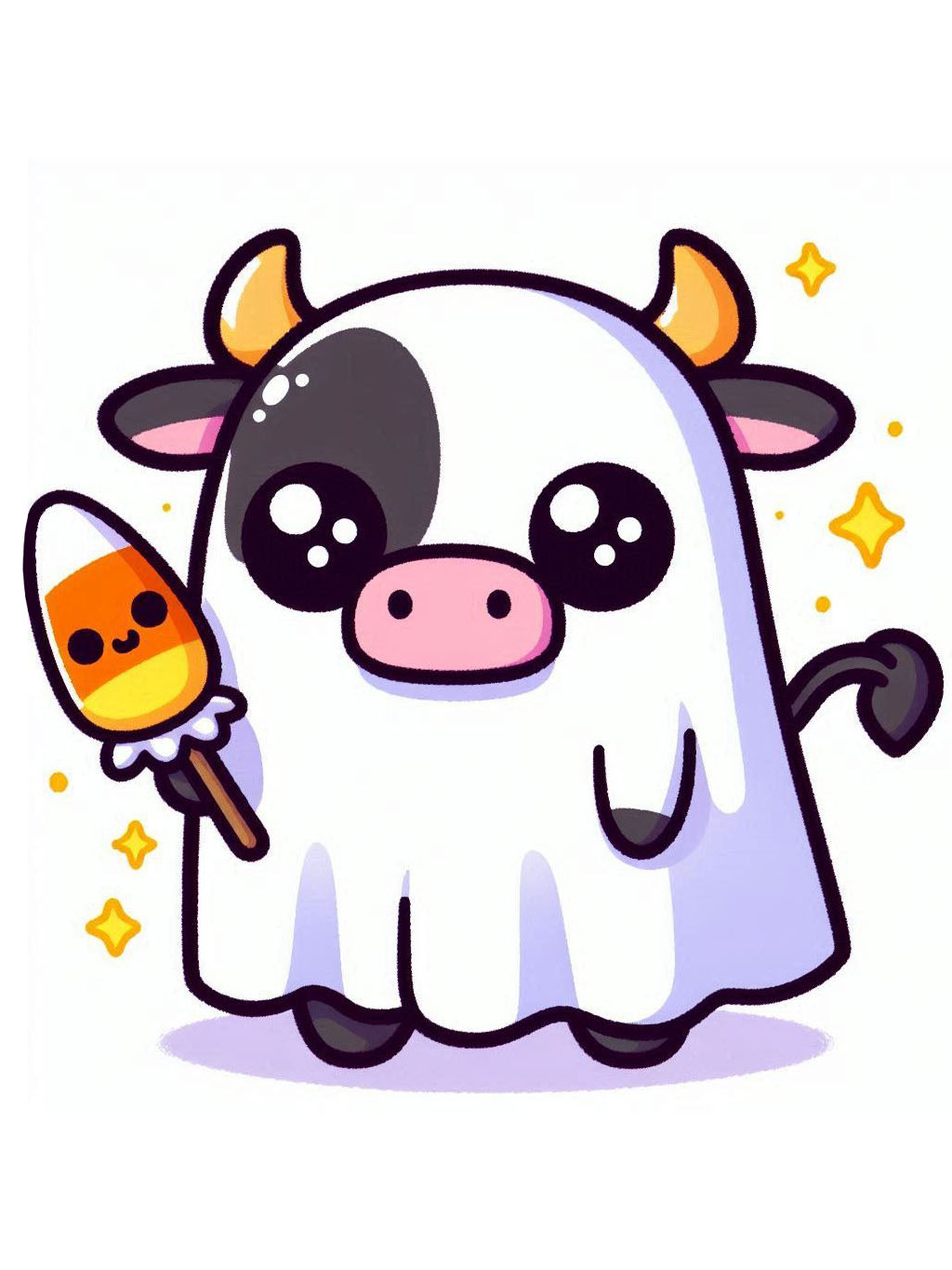 halloween cute animals drawings of a ghostly cow holding a candy-shaped lollipop. Stars twinkle cheerfully around its adorable guise.